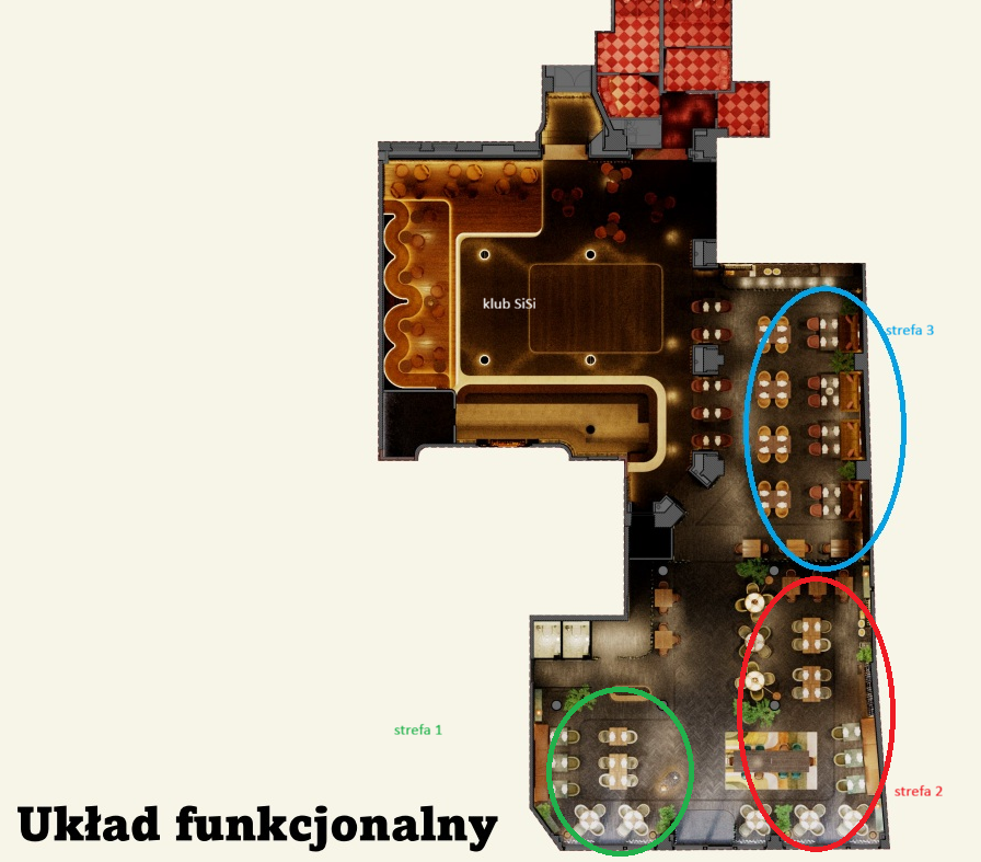 Plan restauracji The Cork z zaznaczonymi strefami 1, 2 i 3 oraz klubem SiSi